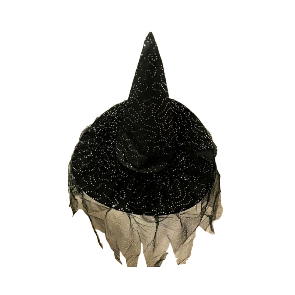 Black Witch Hat with Silver Sequin Netting and Veil Halloween